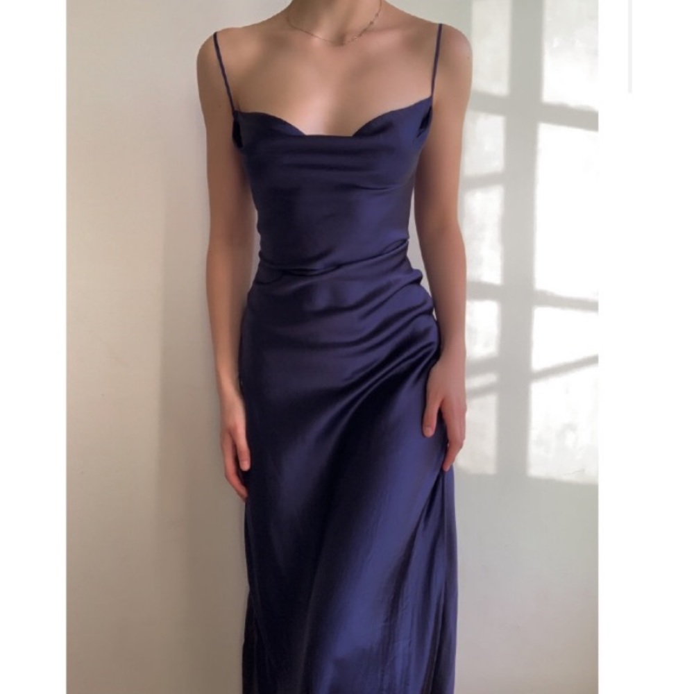 Vintage Y2K 90’s 100% Silk Slip Dress Navy Silk Dress Backless Dress Satin Dress - Picture 4 of 5